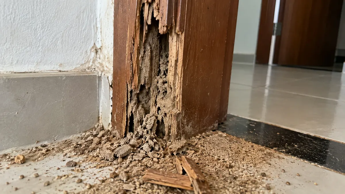 Batente e rodapé de madeira destruídos por cupim — dano estrutural que a Love identifica na inspeção técnica