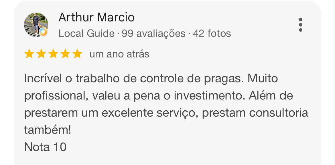 Avaliação de cliente da Love Dedetização no Google