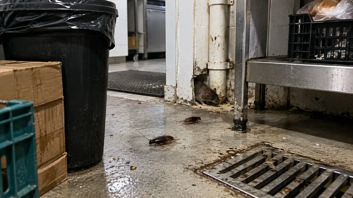 Rato e baratas em área de depósito comercial — pragas urbanas atendidas pela Love